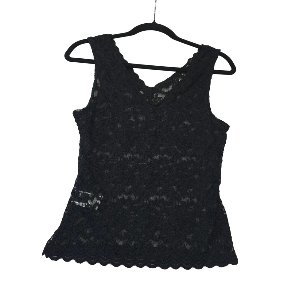 Tall Black Floral Lace V-Neck Tank Top Sleeveless Scallop Trim Size M Gothic